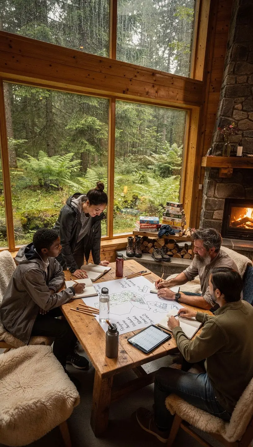 Gruppe von Menschen, die gemeinsam an einem Outdoor-Planungsworkshop teilnehmen.