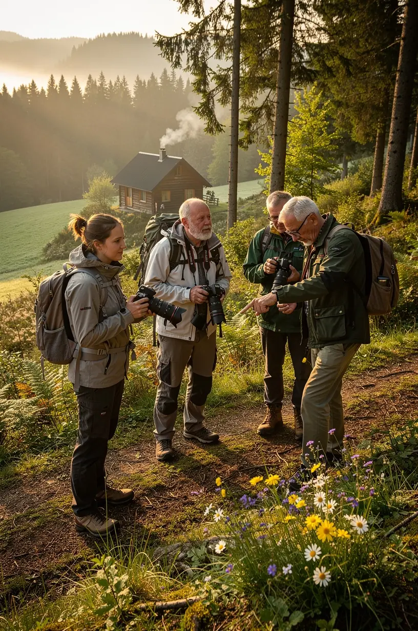 Ein erfahrener Naturführer erklärt die Pflanzenvielfalt während eines Outdoor-Seminars.