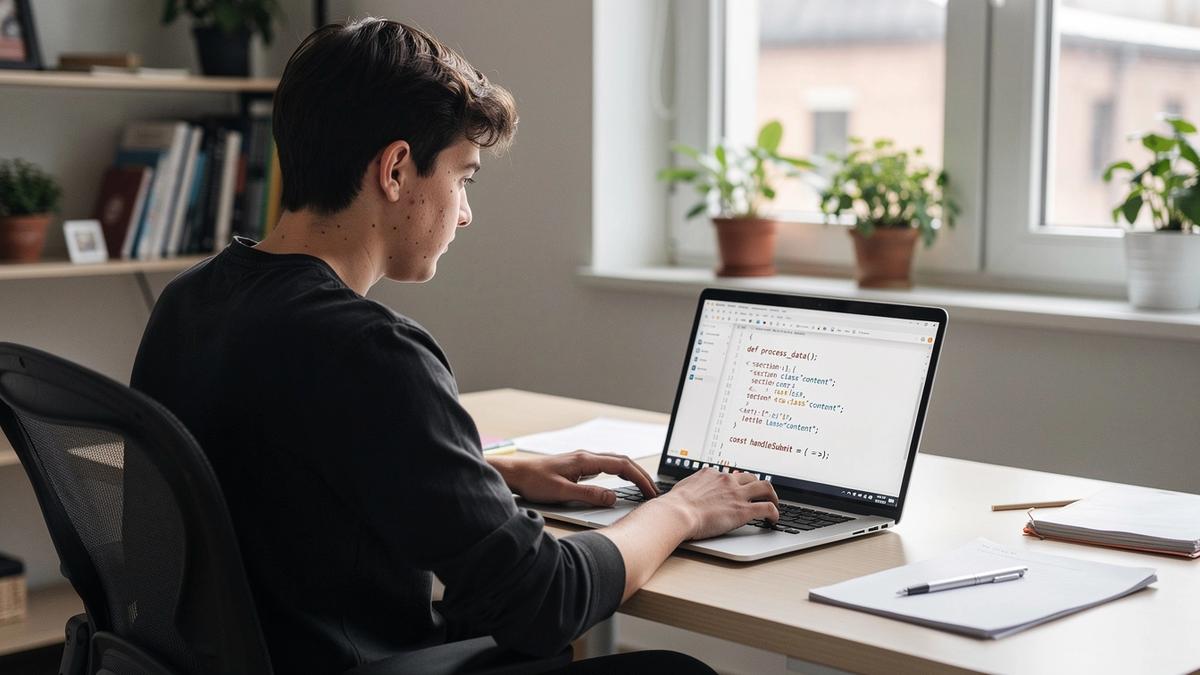 Person arbeitet am Laptop mit Code-Editor; Fokus auf praxisnahes Lernen